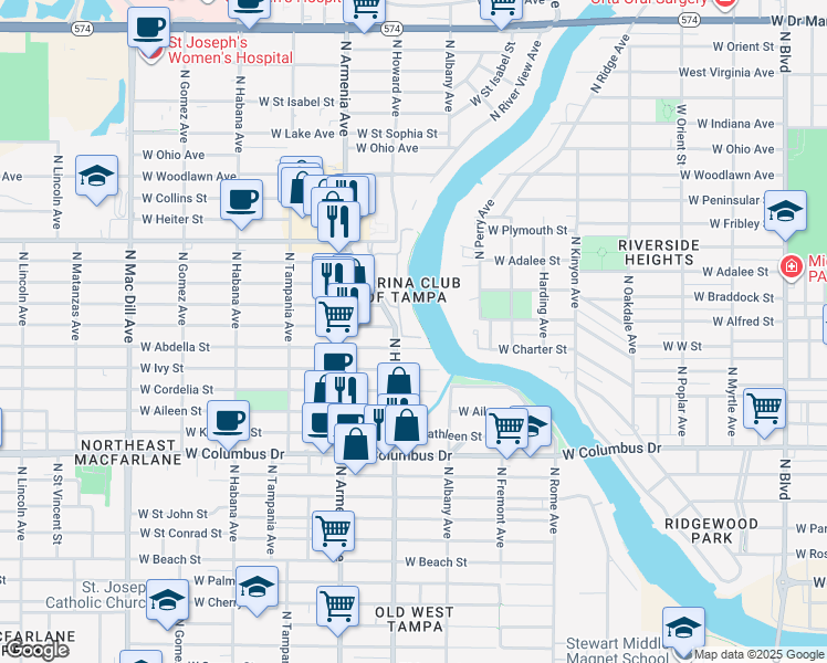 map of restaurants, bars, coffee shops, grocery stores, and more near 3501 North Howard Avenue in Tampa