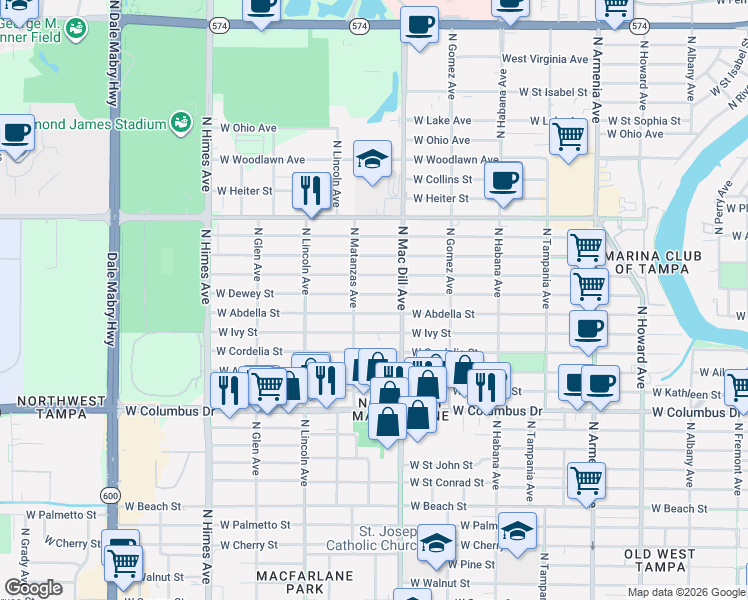 map of restaurants, bars, coffee shops, grocery stores, and more near 3109 West Abdella Street in Tampa