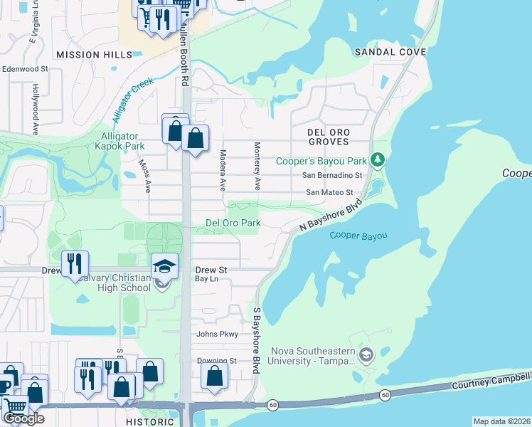 map of restaurants, bars, coffee shops, grocery stores, and more near 380 North Bayshore Boulevard in Clearwater