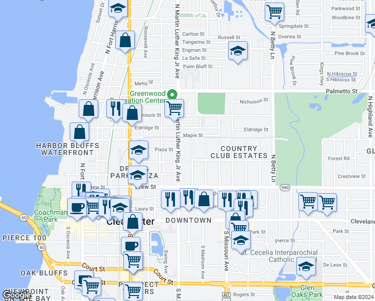 map of restaurants, bars, coffee shops, grocery stores, and more near 1114 Jackson Road in Clearwater