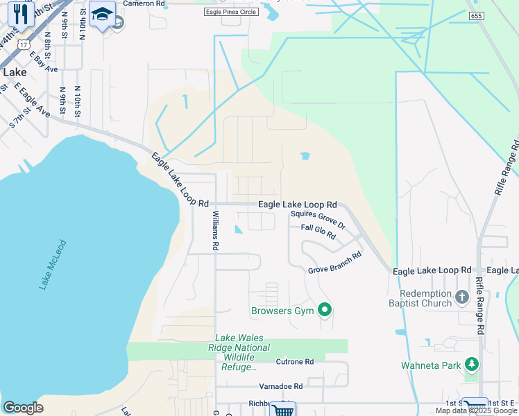 map of restaurants, bars, coffee shops, grocery stores, and more near 938 Eagle Lake Loop Road in Wahneta