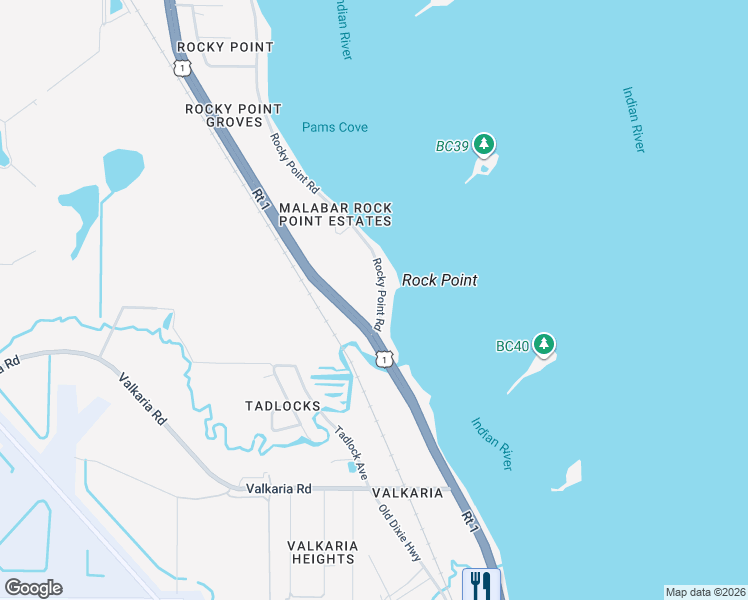 map of restaurants, bars, coffee shops, grocery stores, and more near U.S. Route 1 in Malabar