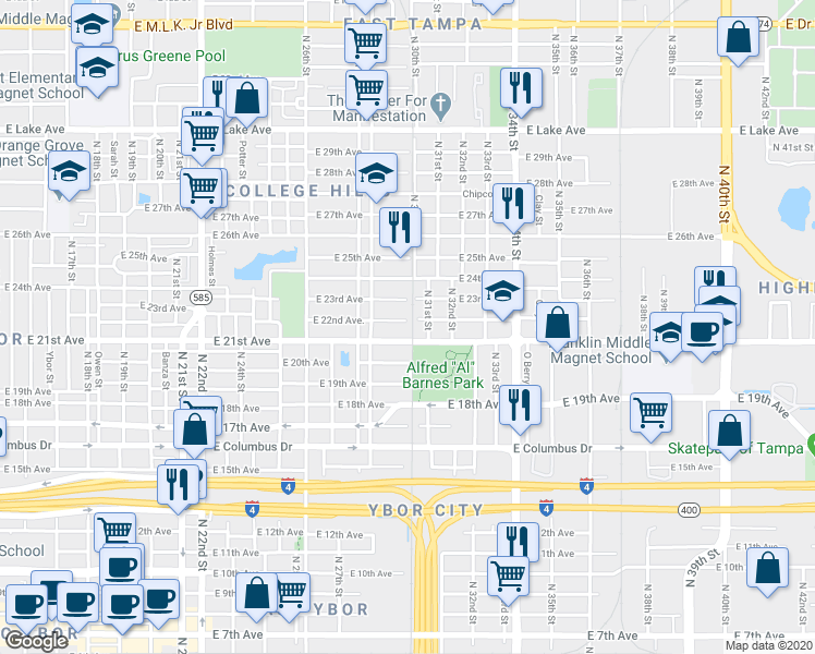 map of restaurants, bars, coffee shops, grocery stores, and more near 2922 East 21st Avenue in Tampa