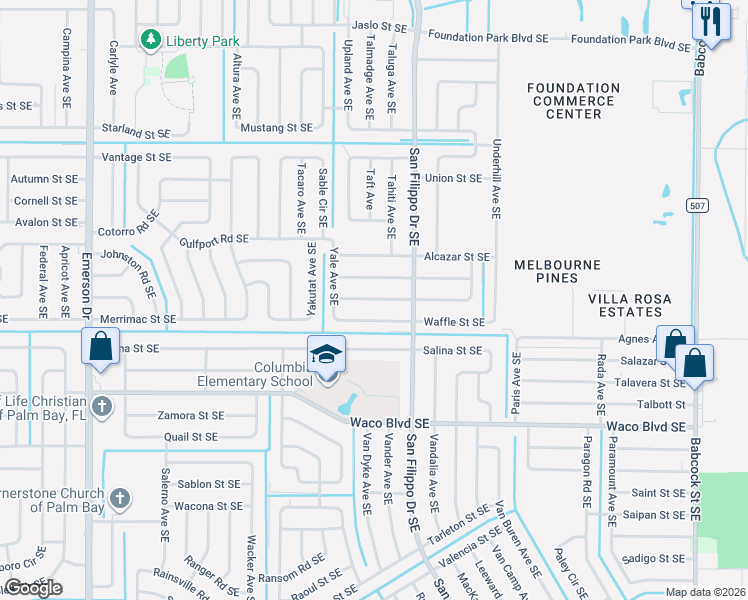 map of restaurants, bars, coffee shops, grocery stores, and more near 1231 Waffle Street Southeast in Palm Bay