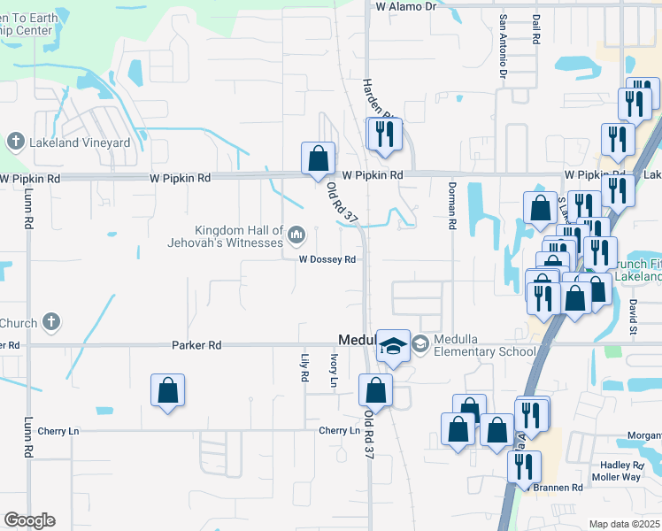 map of restaurants, bars, coffee shops, grocery stores, and more near 1032 West Dossey Road in Lakeland