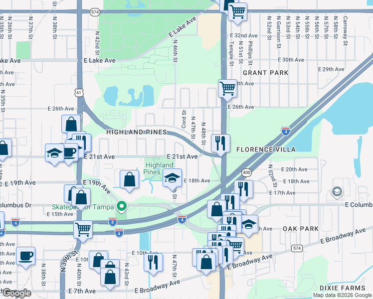 map of restaurants, bars, coffee shops, grocery stores, and more near 3005 Cord Street in Tampa