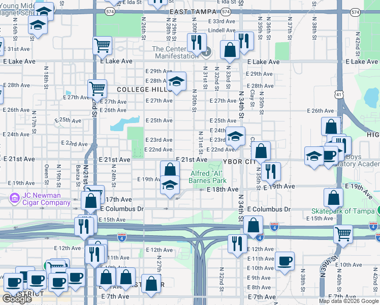 map of restaurants, bars, coffee shops, grocery stores, and more near 2922 East 21st Avenue in Tampa