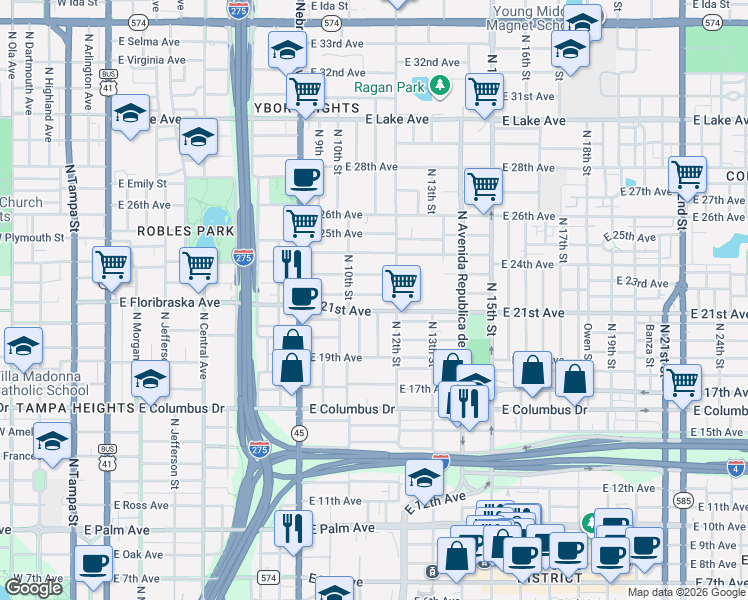 map of restaurants, bars, coffee shops, grocery stores, and more near 2923 North 11th Street in Tampa