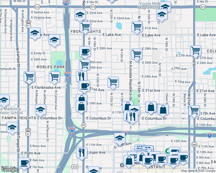 map of restaurants, bars, coffee shops, grocery stores, and more near 2923 North 11th Street in Tampa