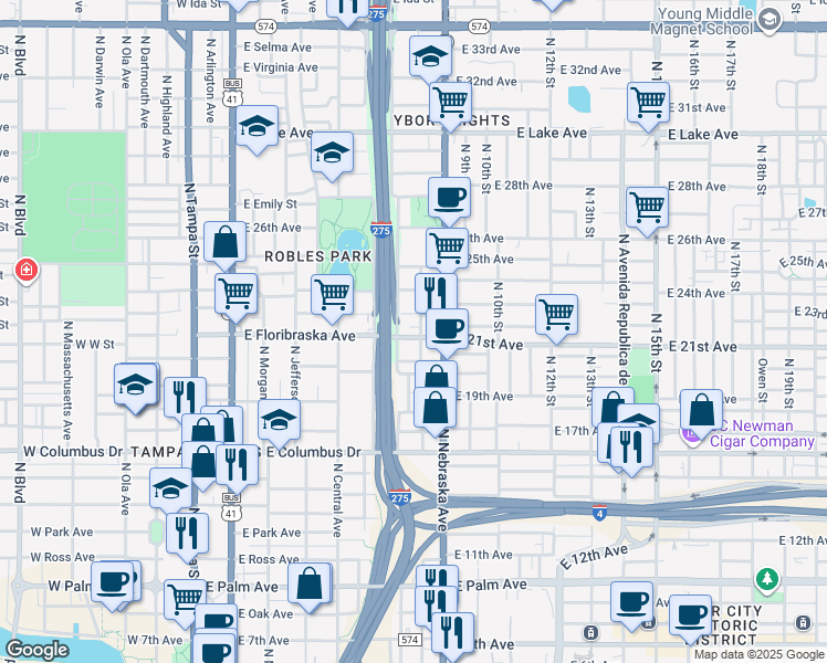 map of restaurants, bars, coffee shops, grocery stores, and more near 801 East Floribraska Avenue in Tampa