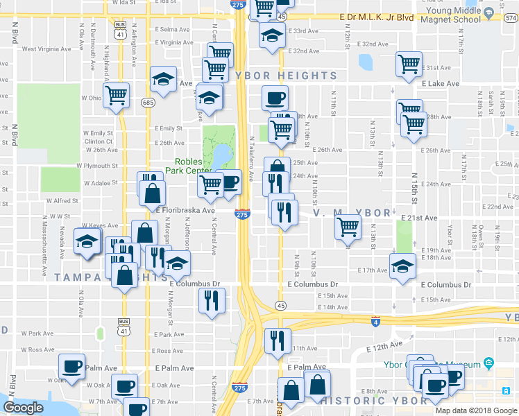 map of restaurants, bars, coffee shops, grocery stores, and more near 801 East Floribraska Avenue in Tampa