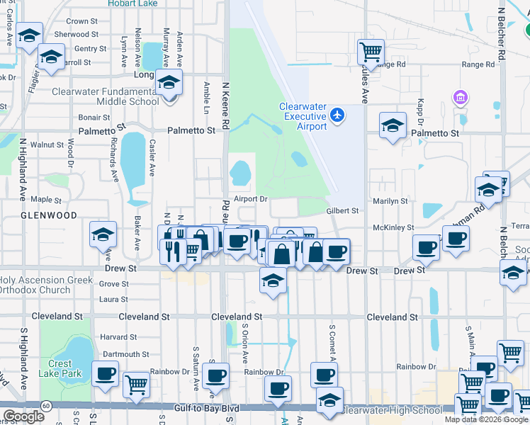 map of restaurants, bars, coffee shops, grocery stores, and more near 419 Feather Tree Drive in Clearwater