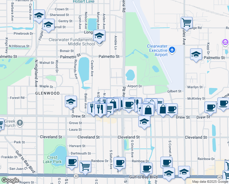 map of restaurants, bars, coffee shops, grocery stores, and more near 408 North Mars Avenue in Clearwater
