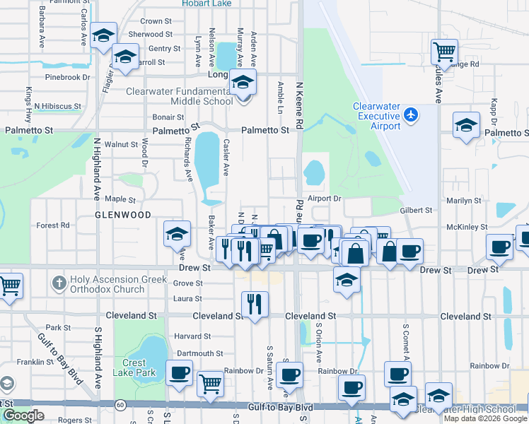 map of restaurants, bars, coffee shops, grocery stores, and more near 407 North Jupiter Avenue in Clearwater