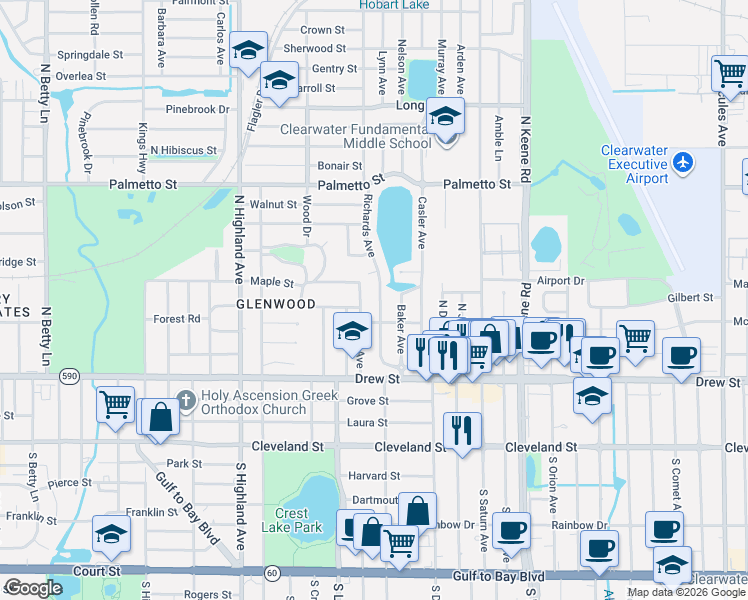 map of restaurants, bars, coffee shops, grocery stores, and more near 401 Hobart Avenue in Clearwater