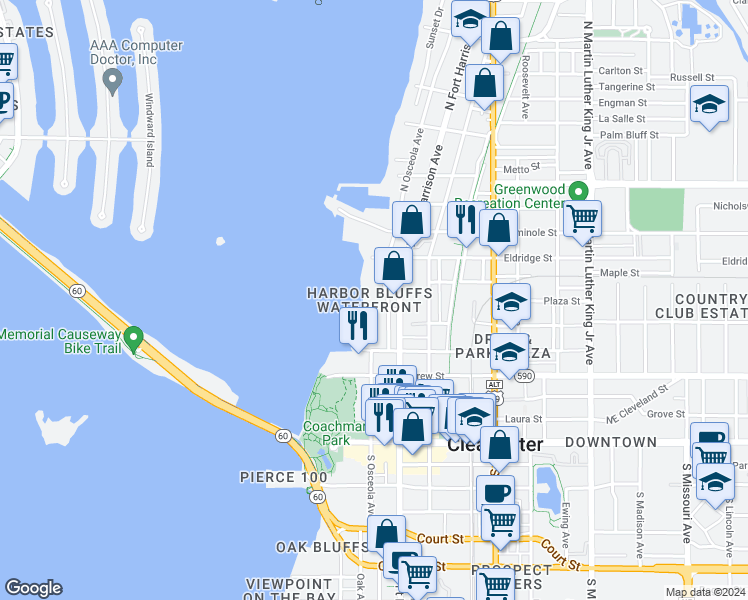 map of restaurants, bars, coffee shops, grocery stores, and more near in Clearwater