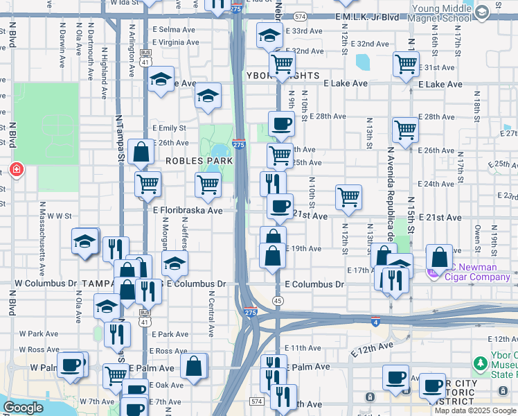 map of restaurants, bars, coffee shops, grocery stores, and more near 801 East Floribraska Avenue in Tampa