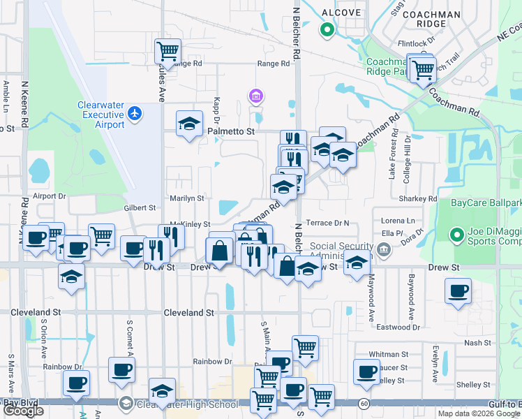 map of restaurants, bars, coffee shops, grocery stores, and more near 2164 Northeast Coachman Road in Clearwater