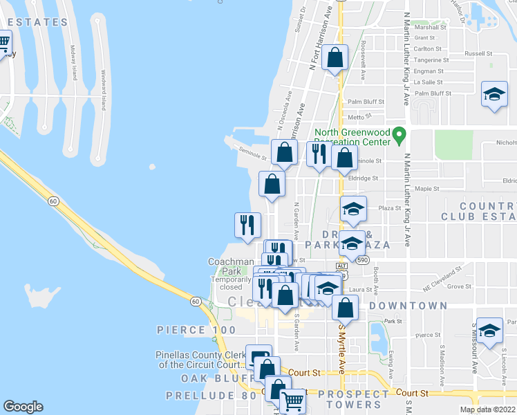 map of restaurants, bars, coffee shops, grocery stores, and more near 500 North Osceola Avenue in Clearwater