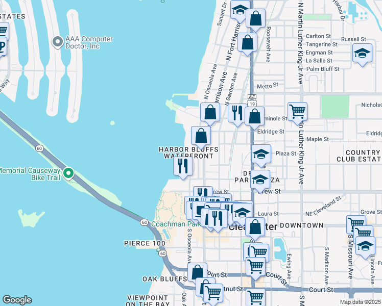 map of restaurants, bars, coffee shops, grocery stores, and more near 500 North Osceola Avenue in Clearwater