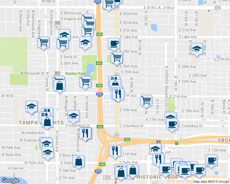 map of restaurants, bars, coffee shops, grocery stores, and more near 3002 North Nebraska Avenue in Tampa