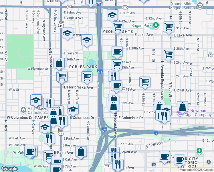 map of restaurants, bars, coffee shops, grocery stores, and more near 801 East Floribraska Avenue in Tampa