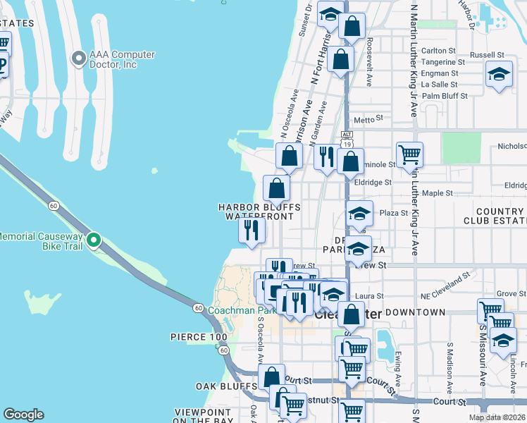 map of restaurants, bars, coffee shops, grocery stores, and more near 500 North Osceola Avenue in Clearwater