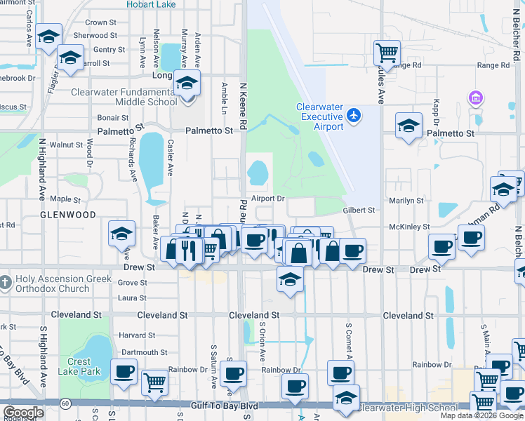 map of restaurants, bars, coffee shops, grocery stores, and more near 1885 Feather Tree Circle in Clearwater