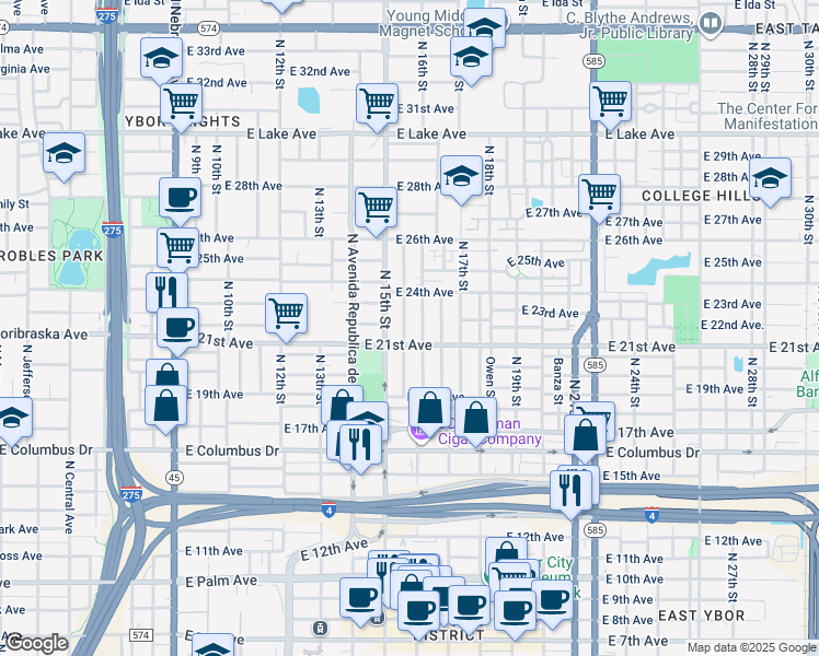 map of restaurants, bars, coffee shops, grocery stores, and more near 3000 North 16th Street in Tampa