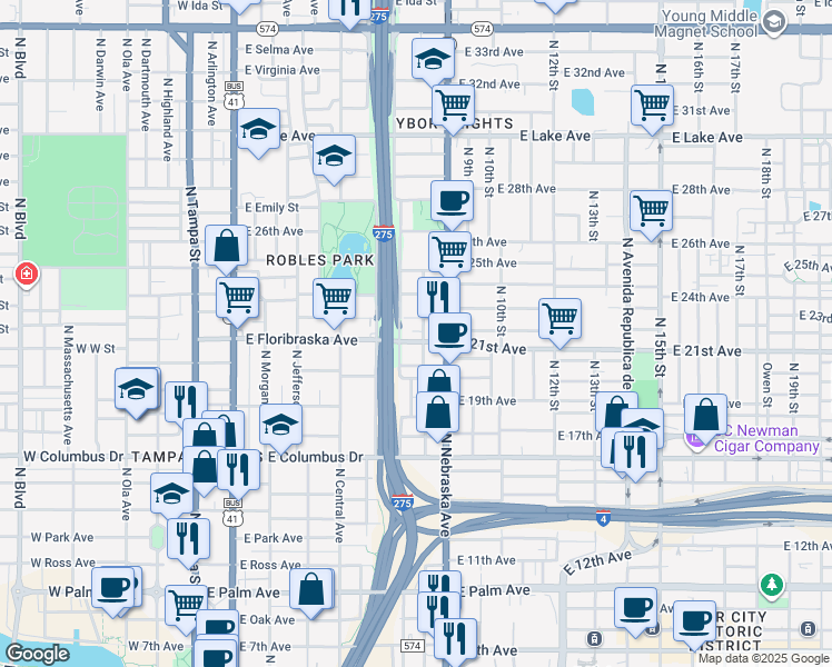 map of restaurants, bars, coffee shops, grocery stores, and more near 801 East Floribraska Avenue in Tampa