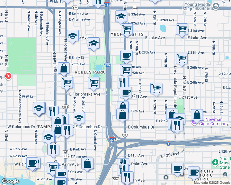map of restaurants, bars, coffee shops, grocery stores, and more near 801 East Floribraska Avenue in Tampa