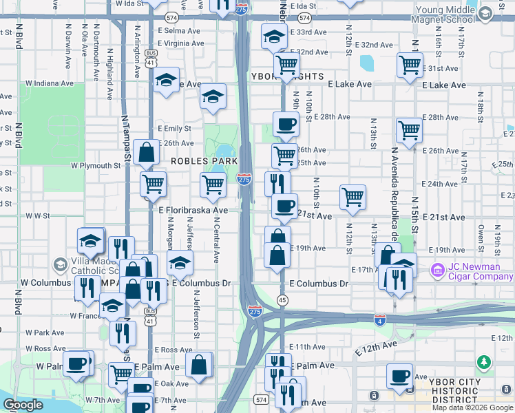 map of restaurants, bars, coffee shops, grocery stores, and more near 2908 North Elmore Avenue in Tampa
