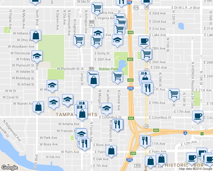 map of restaurants, bars, coffee shops, grocery stores, and more near 2909 North Jefferson Street in Tampa