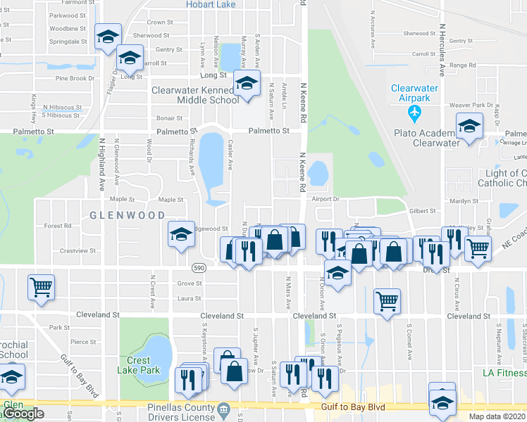 map of restaurants, bars, coffee shops, grocery stores, and more near 407 North Jupiter Avenue in Clearwater