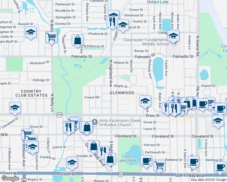 map of restaurants, bars, coffee shops, grocery stores, and more near 410 North Glenwood Avenue in Clearwater