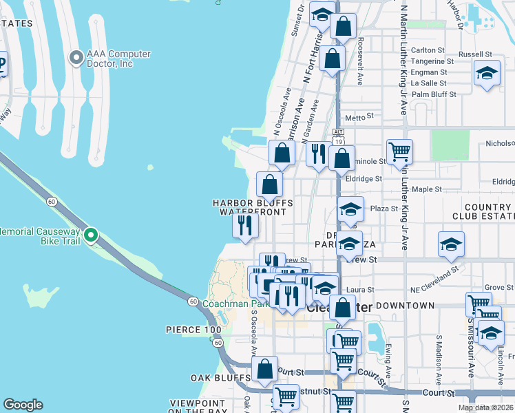 map of restaurants, bars, coffee shops, grocery stores, and more near in Clearwater