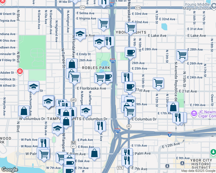 map of restaurants, bars, coffee shops, grocery stores, and more near 2911 North Central Avenue in Tampa