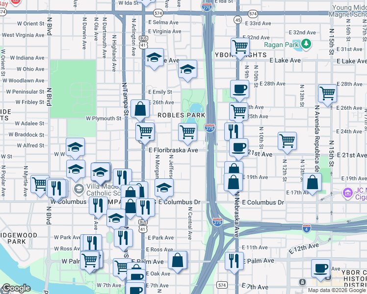 map of restaurants, bars, coffee shops, grocery stores, and more near 2909 North Jefferson Street in Tampa