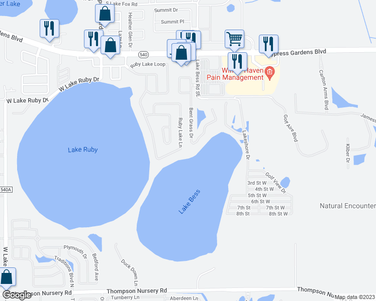map of restaurants, bars, coffee shops, grocery stores, and more near 7358 Bent Grass Boulevard in Winter Haven