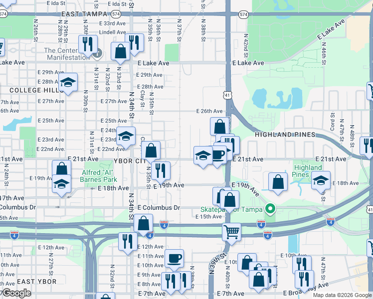 map of restaurants, bars, coffee shops, grocery stores, and more near 3012 North 38th Street in Tampa