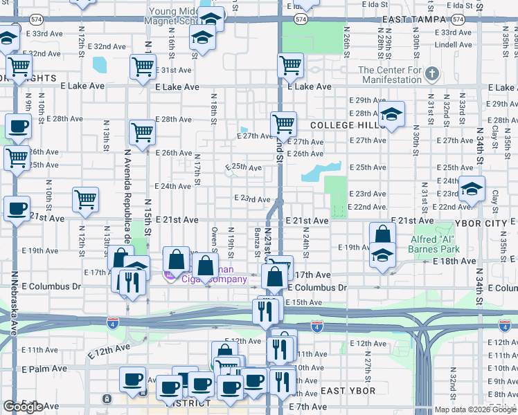 map of restaurants, bars, coffee shops, grocery stores, and more near 2936 North 21st Street in Tampa
