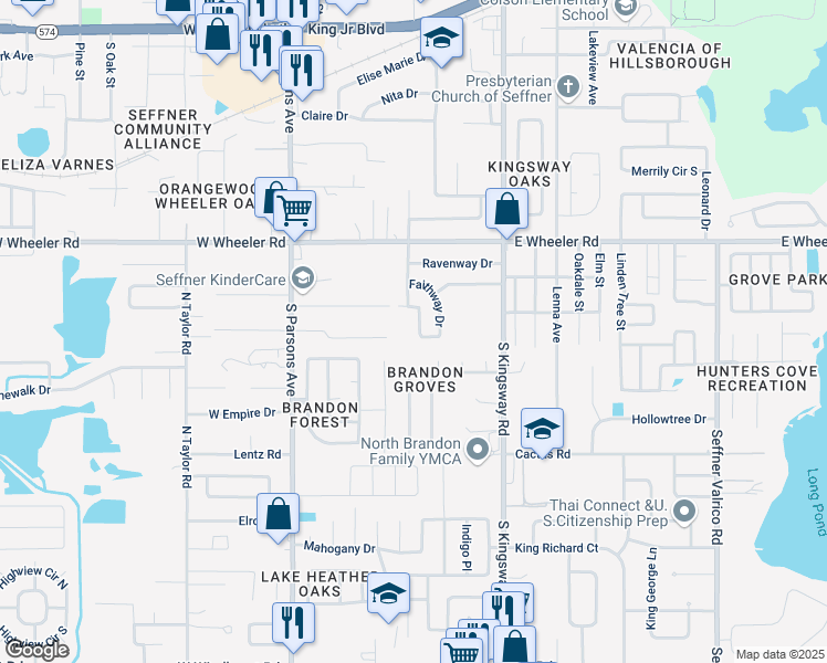 map of restaurants, bars, coffee shops, grocery stores, and more near 240 Faithway Drive in Seffner