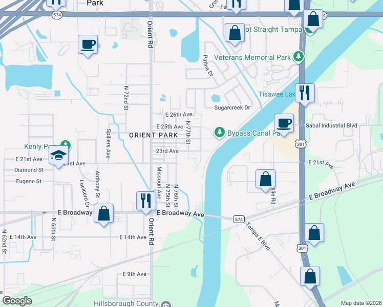 map of restaurants, bars, coffee shops, grocery stores, and more near 7701 East 23rd Avenue in Tampa