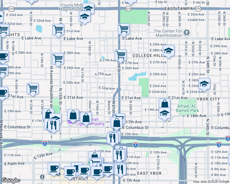 map of restaurants, bars, coffee shops, grocery stores, and more near 2936 North 21st Street in Tampa