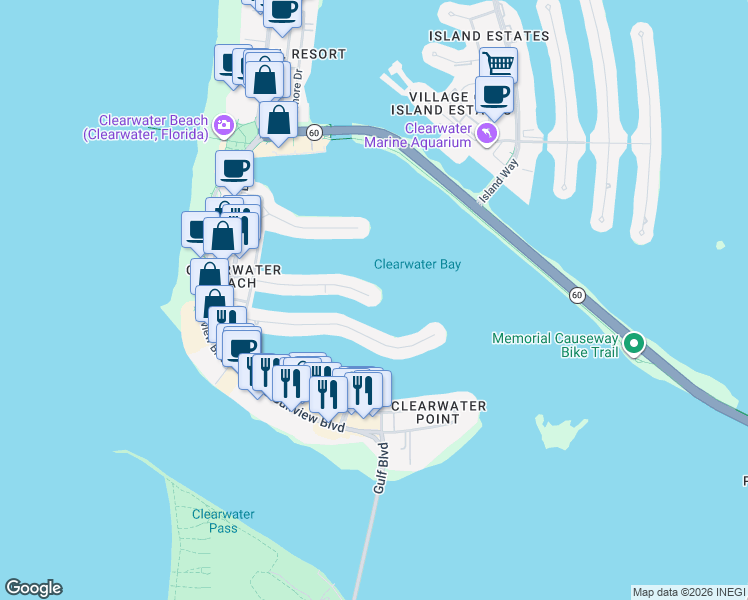 map of restaurants, bars, coffee shops, grocery stores, and more near 205 Brightwater Drive in Clearwater