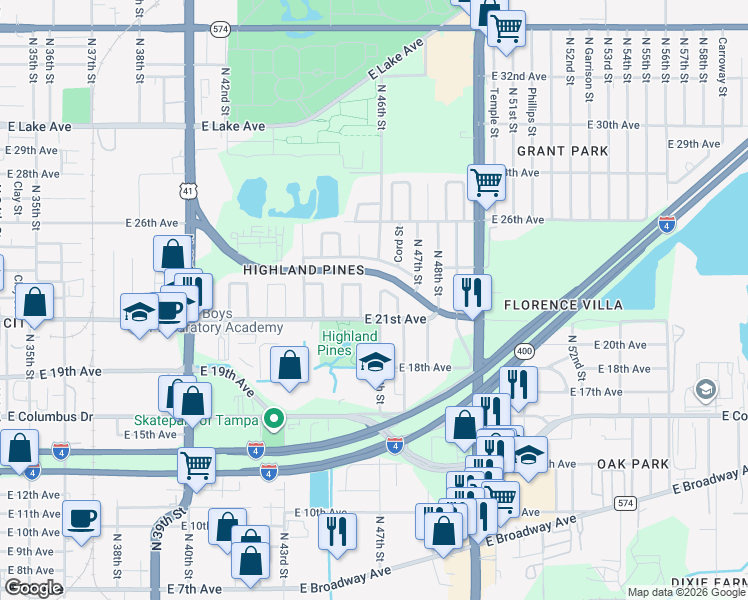 map of restaurants, bars, coffee shops, grocery stores, and more near 3008 North 46th Street in Tampa