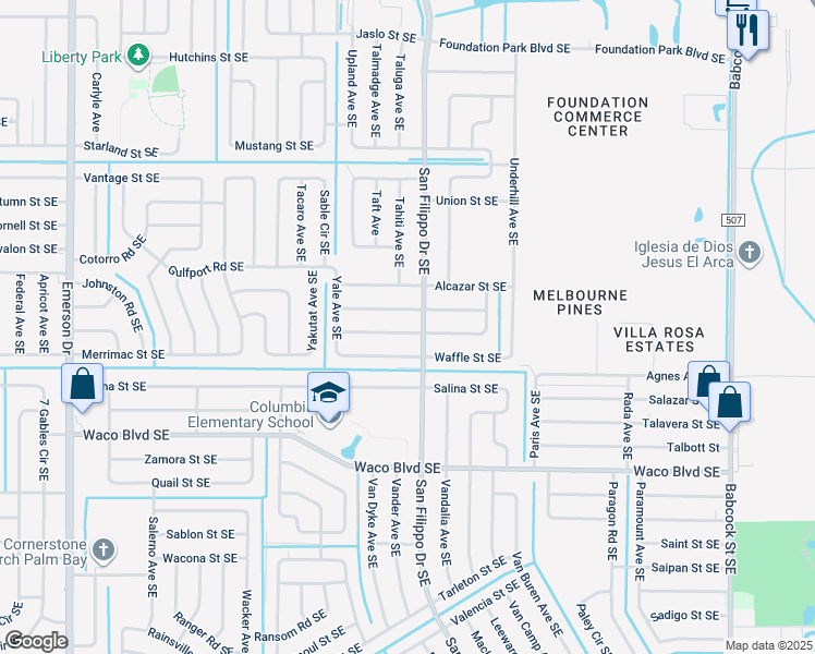 map of restaurants, bars, coffee shops, grocery stores, and more near 1287 Waffle Street Southeast in Palm Bay