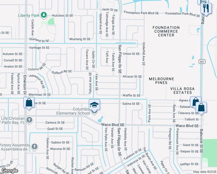 map of restaurants, bars, coffee shops, grocery stores, and more near 1231 Waffle Street Southeast in Palm Bay
