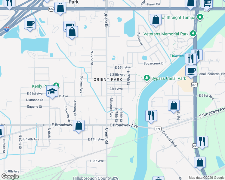 map of restaurants, bars, coffee shops, grocery stores, and more near 2918 Missouri Avenue in Tampa