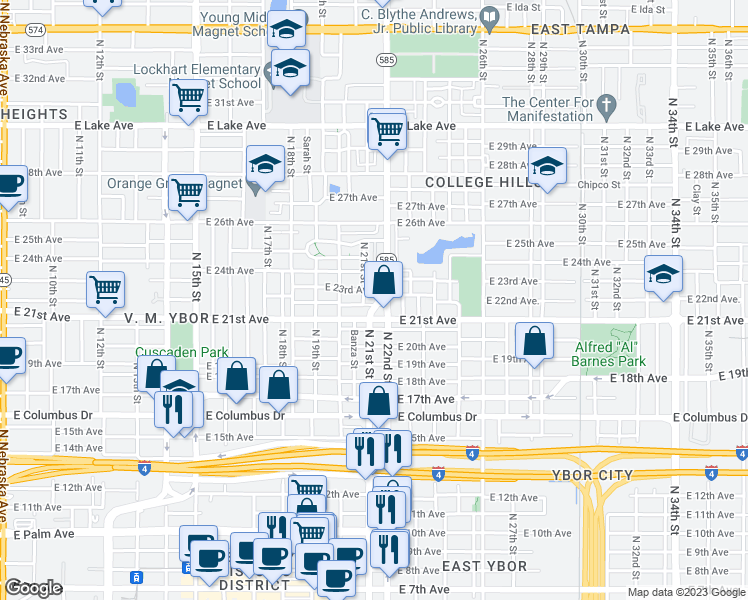 map of restaurants, bars, coffee shops, grocery stores, and more near 2936 North 21st Street in Tampa
